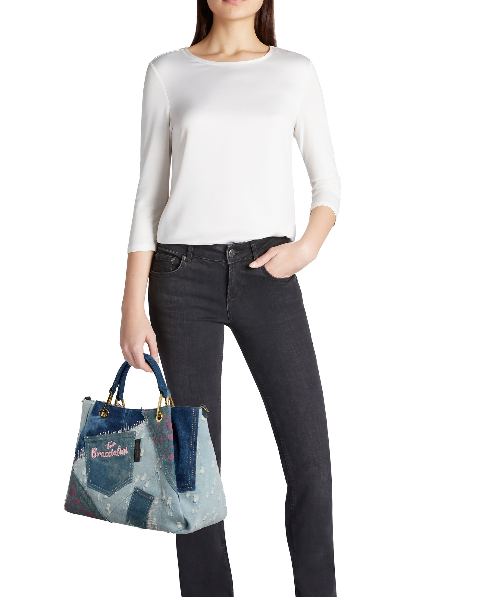 Jeansowa patchworkowa torba shopper - Image #4