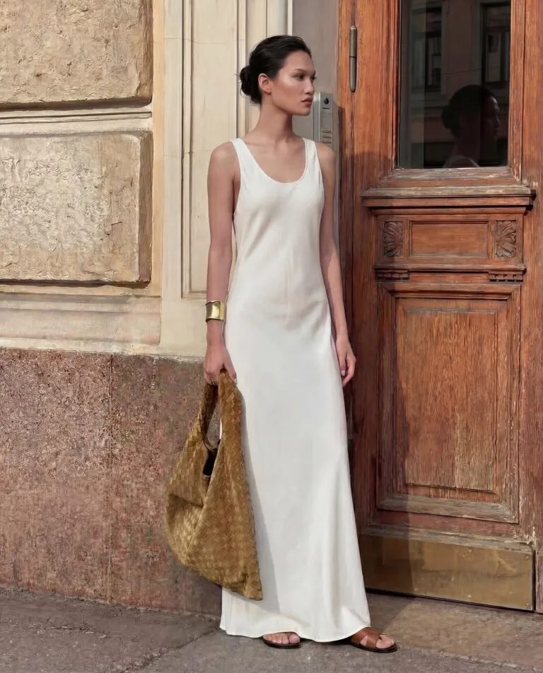 Długa biała sukienka z jedwabiu Lumiere