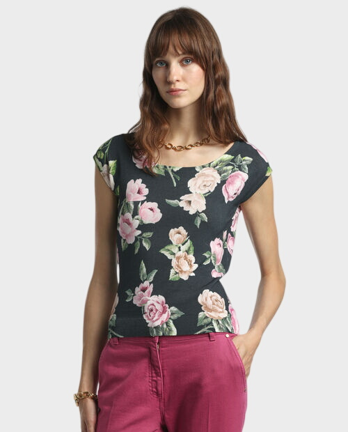 Czarny top w kwiaty Contigia