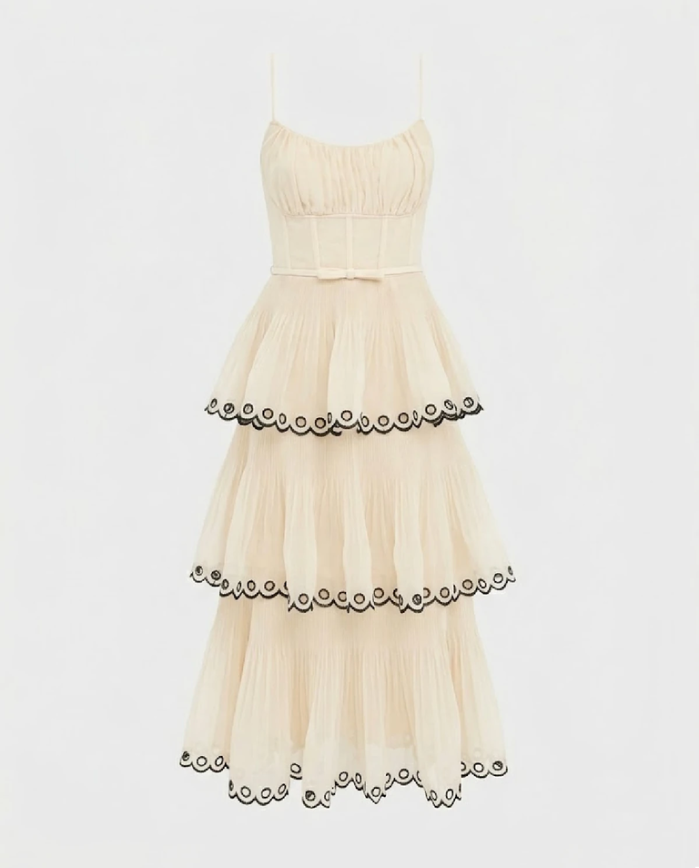 Kremowa haftowana sukienka midi