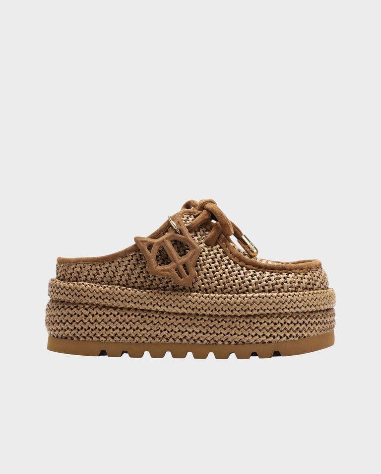Ciemnobeżowe chodaki z rafii na platformie Blizzard