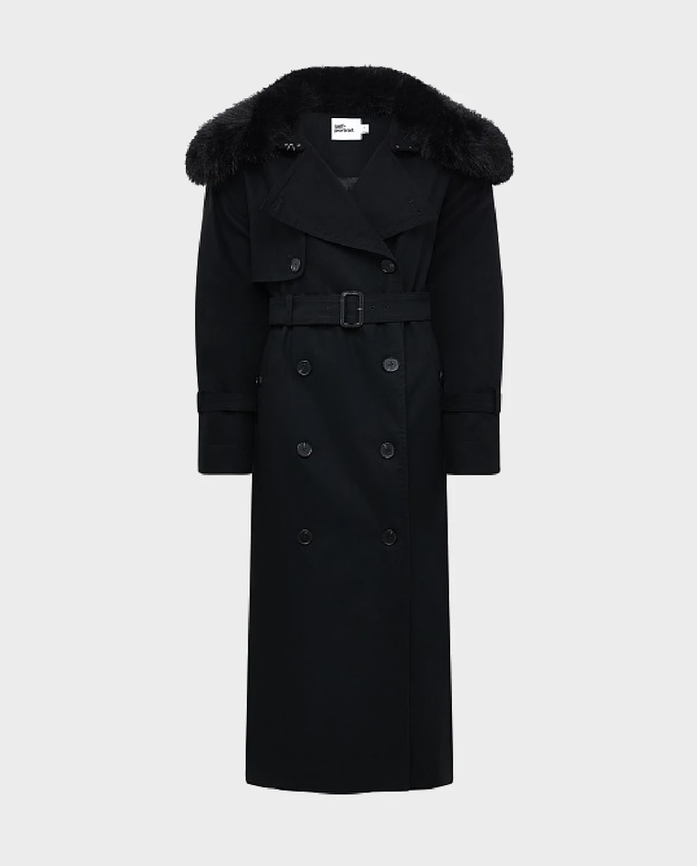 Czarny trencz ze sztucznym futerkiem