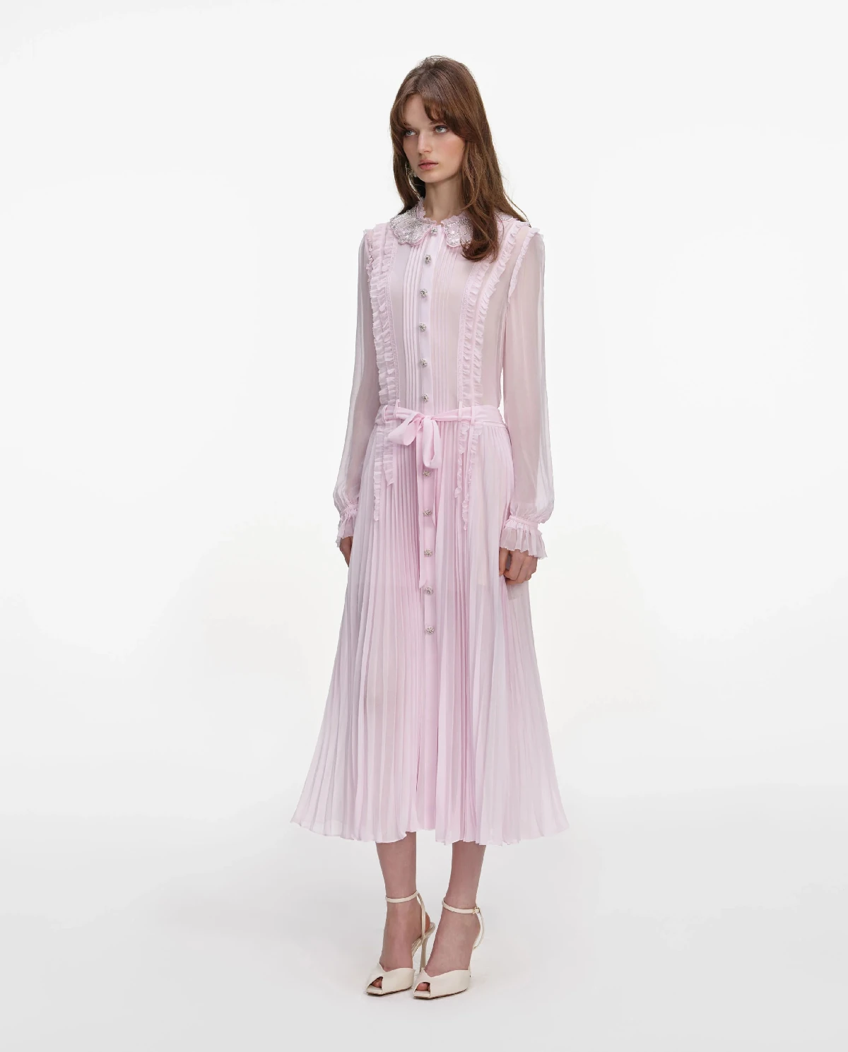 Jasnoróżowa plisowana sukienka midi - Image #2