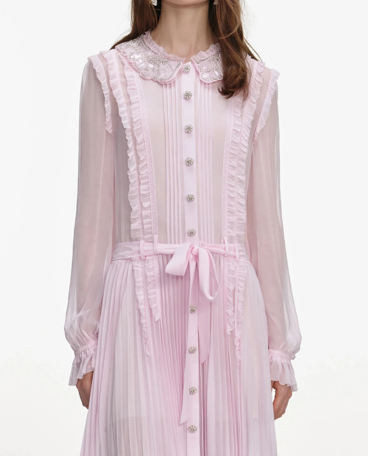 Jasnoróżowa plisowana sukienka midi - Image #4