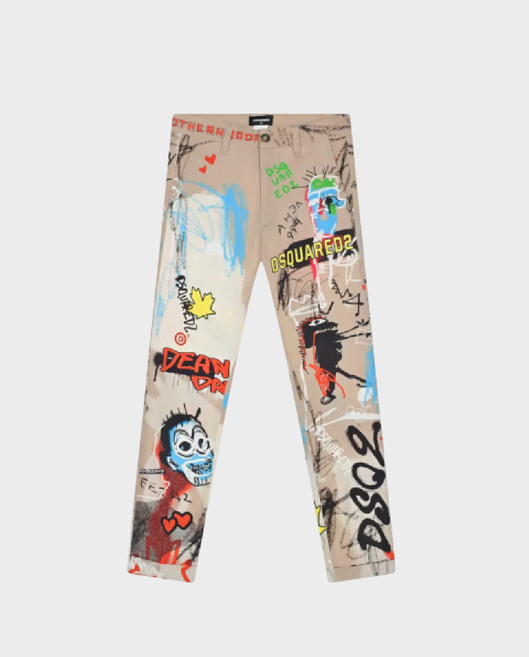 Beżowe spodnie z kolorowymi nadrukami