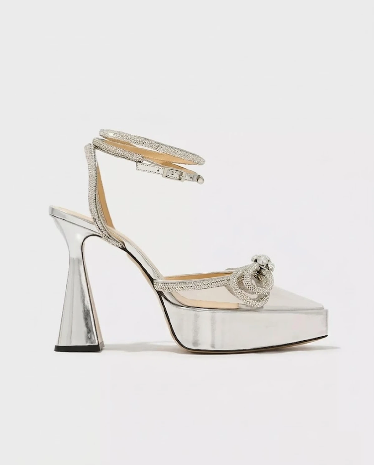 Srebrne szpilki na platformie Double Bow