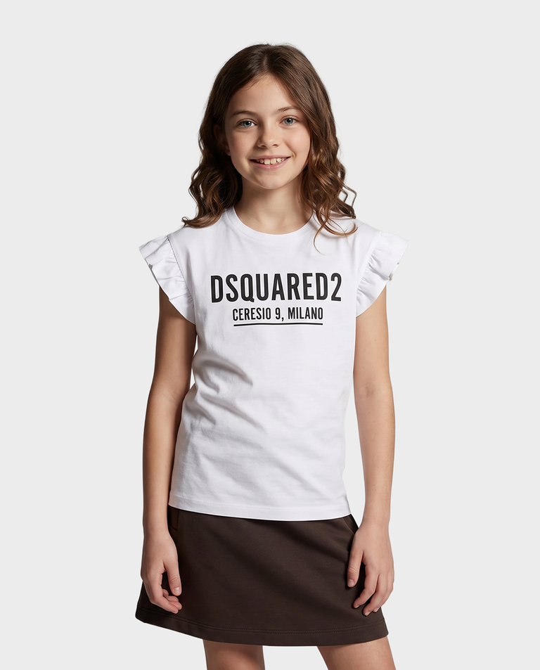 Biały t-shirt z falbankami na rękawach 4-16 lat