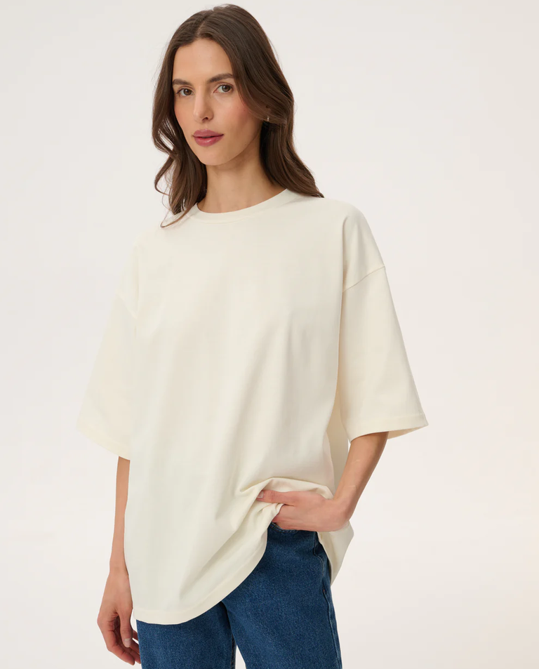 Kremowy t-shirt oversize z bawełny Weston - Image #2