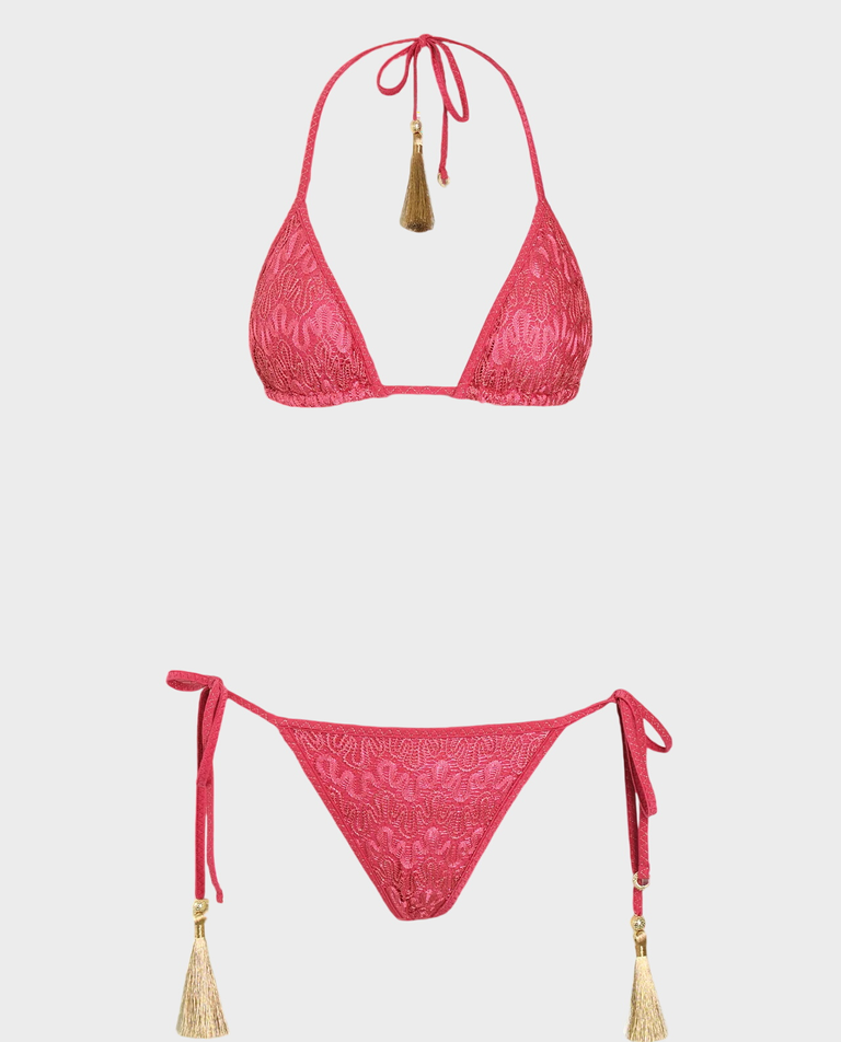 Różowy komplet bikini ze złotymi detalami