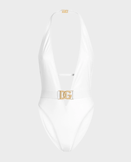 Biały kostium jednoczęściowy z paskiem z logo - Image #0