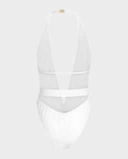 Biały kostium jednoczęściowy z paskiem z logo - Image #1