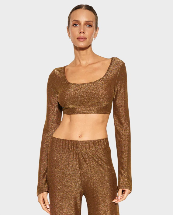Błyszczący crop top z długim rękawem