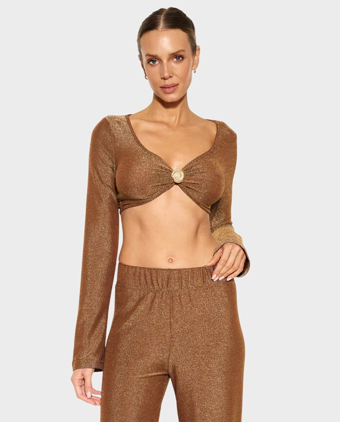 Błyszczący crop top z pozłacaną muszlą