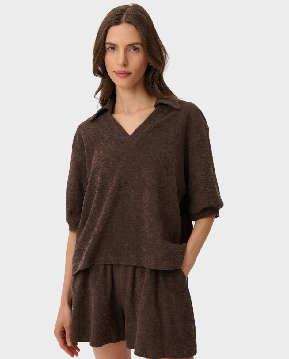 Brązowy t-shirt polo z bawełny frotte Livia - Image #0