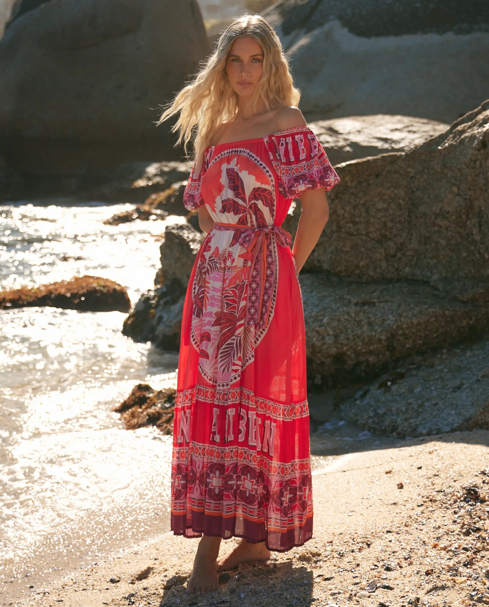 Czerwona sukienka maxi Peony Bardot - Image #4