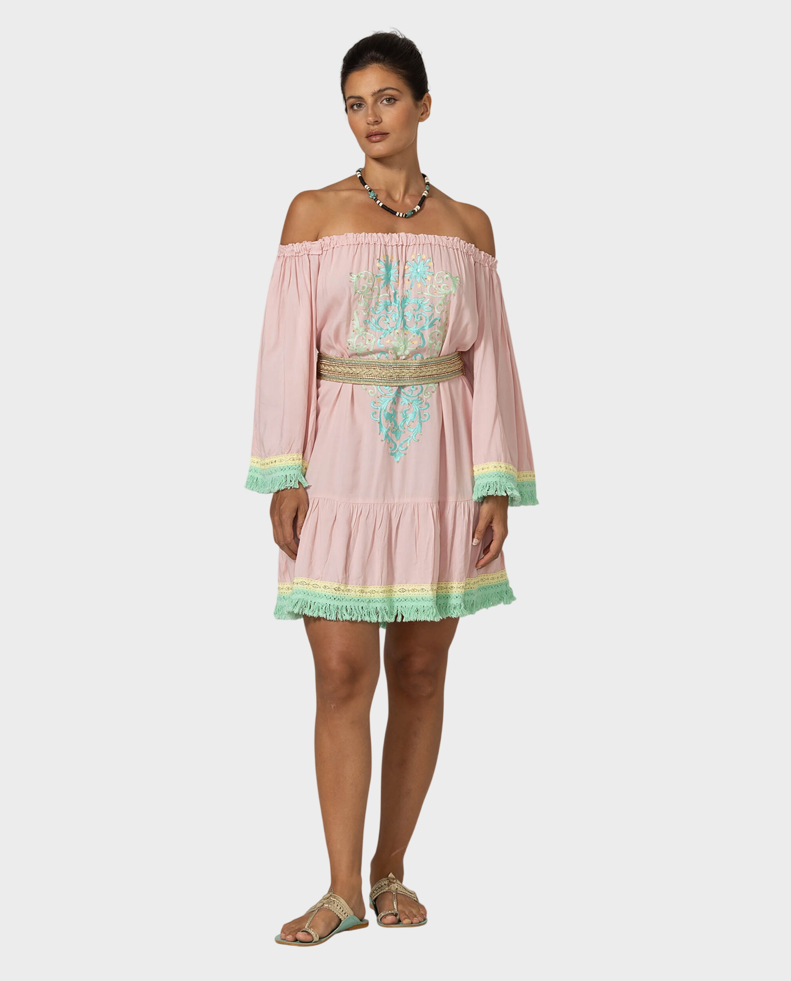 Różowa sukienka boho z haftem Azra - Image #0