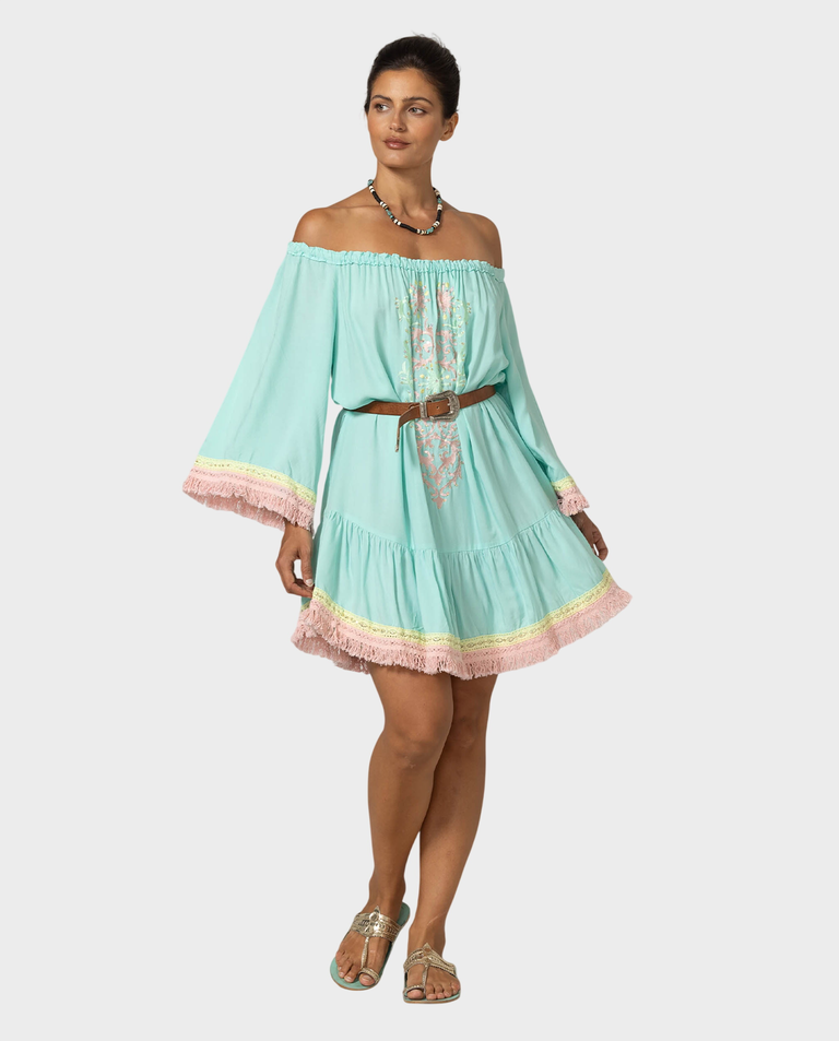 Miętowa sukienka boho z haftem Azra