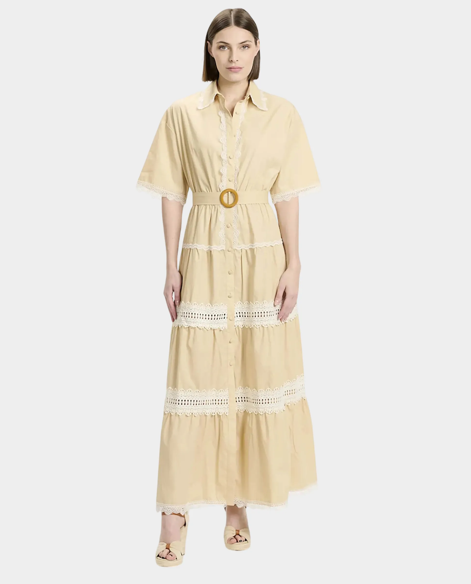Beżowa sukienka maxi Betty z haftem angielskim - Image #0