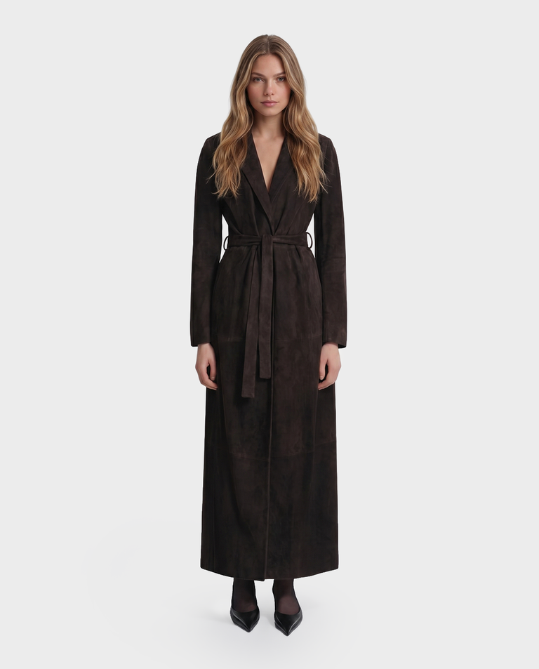 Zamszowy brązowy trencz Vesper