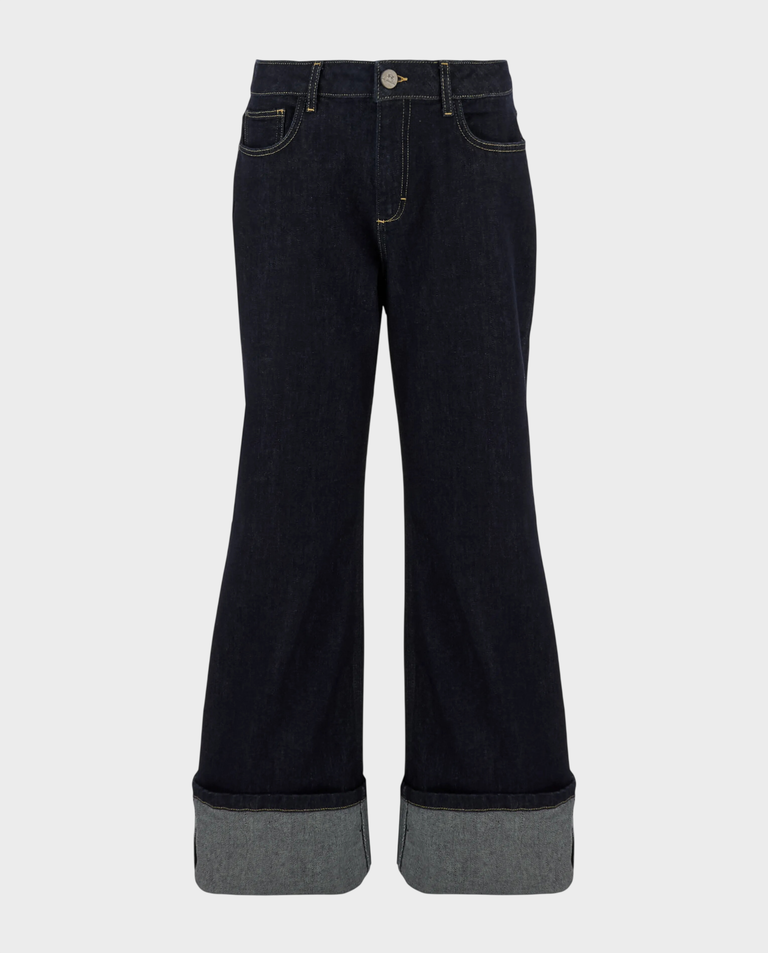 Granatowe jeansy wide leg z mankietami