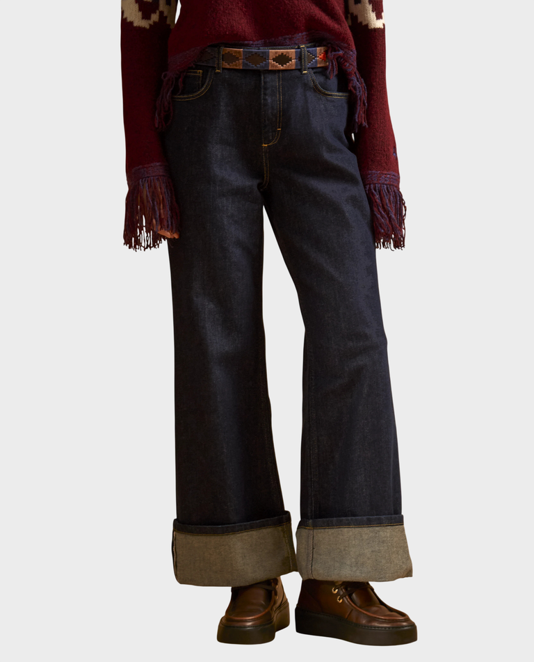 Granatowe jeansy wide leg z mankietami