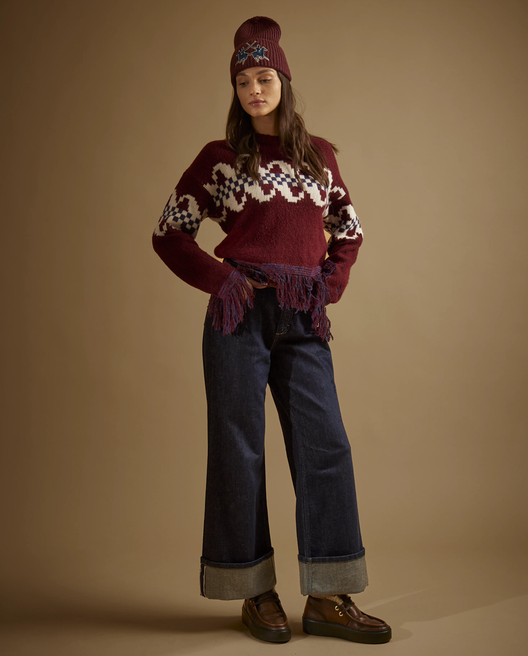 Granatowe jeansy wide leg z mankietami - Image #4