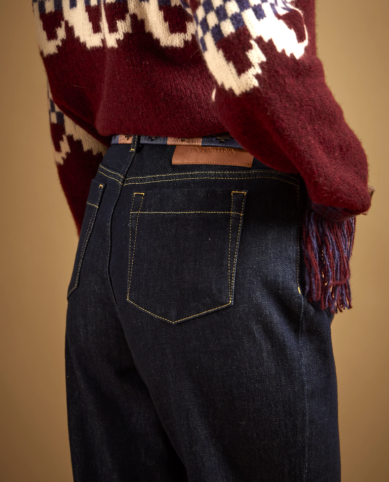 Granatowe jeansy wide leg z mankietami - Image #3