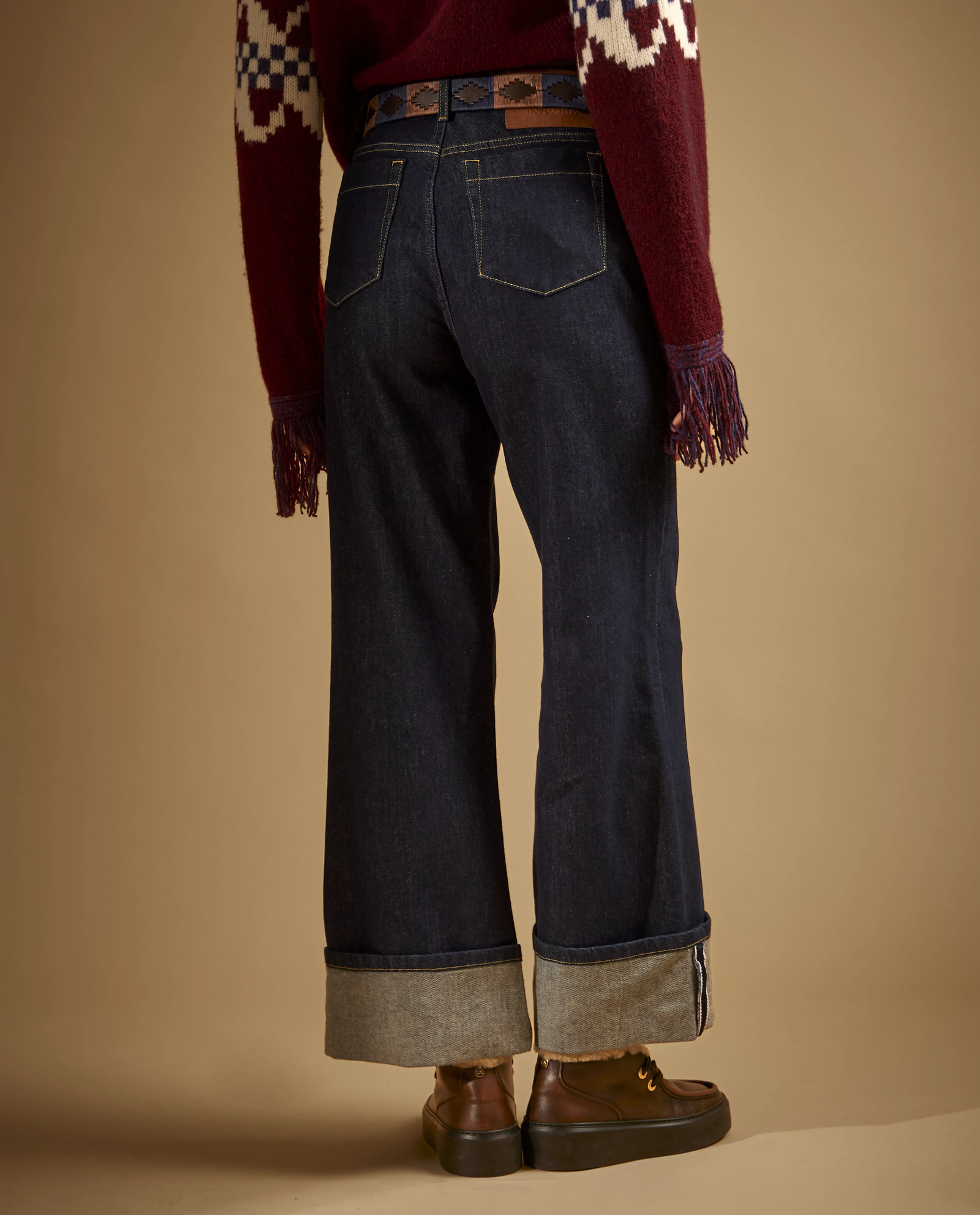 Granatowe jeansy wide leg z mankietami - Image #2