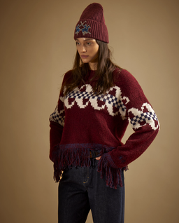 Bordowy sweter z ozdobnymi frędzlami - Image #4