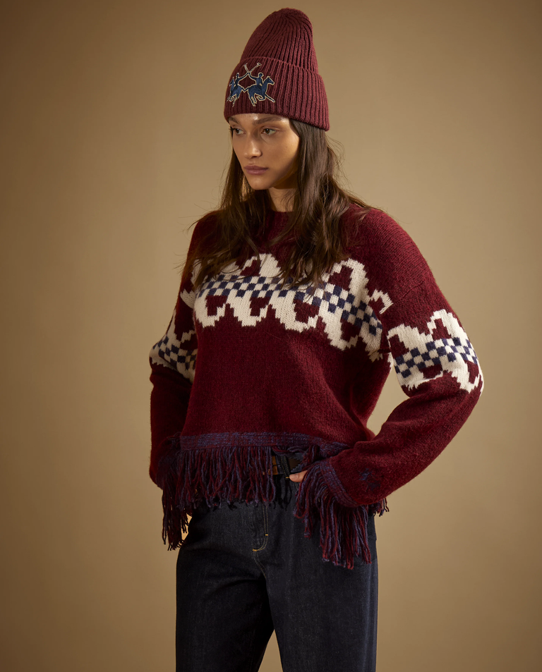 Bordowy sweter z ozdobnymi frędzlami - Image #4
