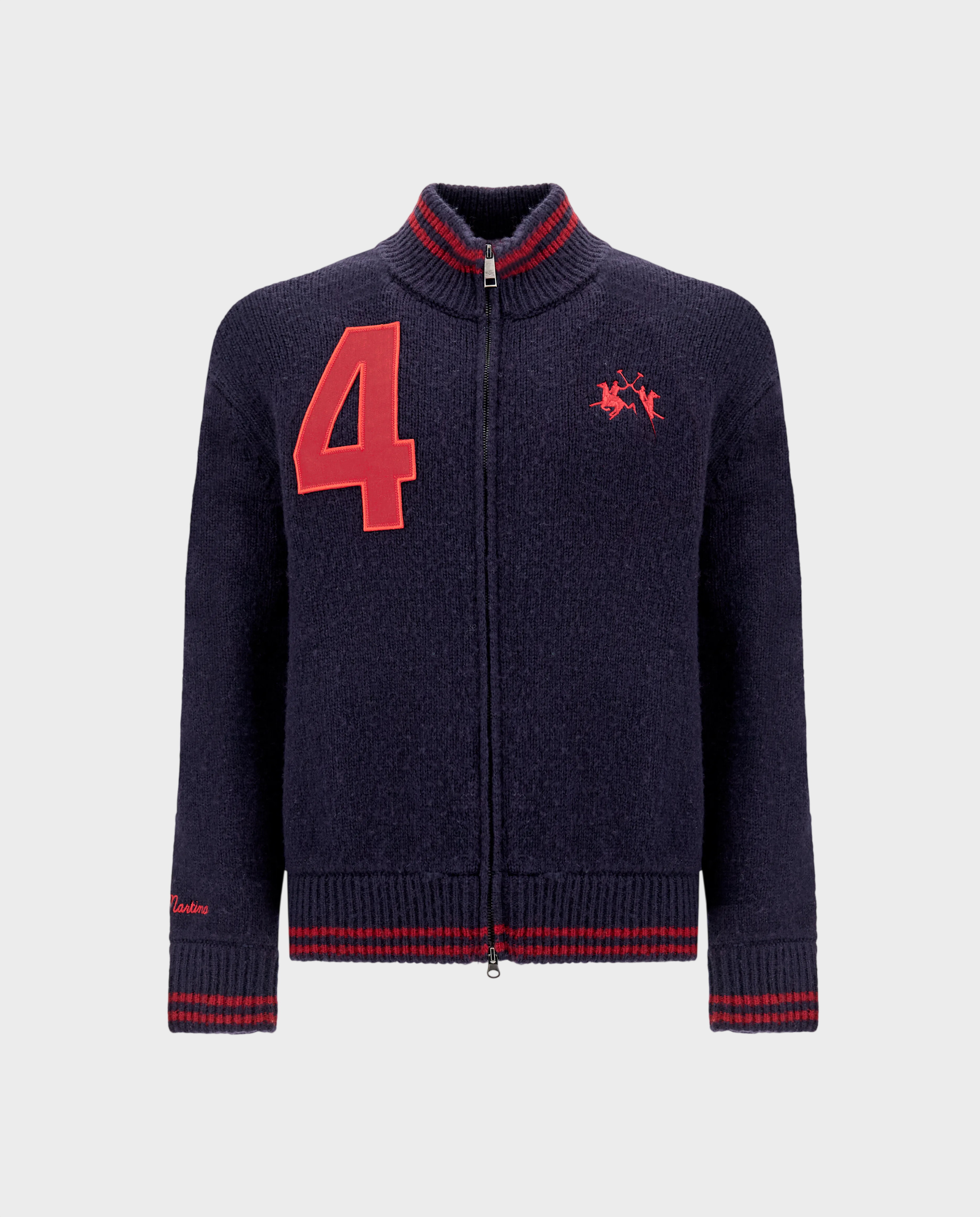 Granatowy sweter rozpinany z naszywkami - Image #0