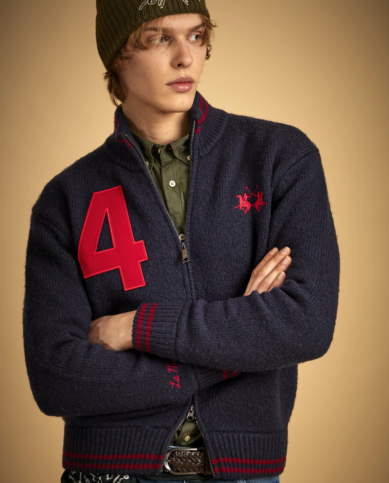 Granatowy sweter rozpinany z naszywkami - Image #2