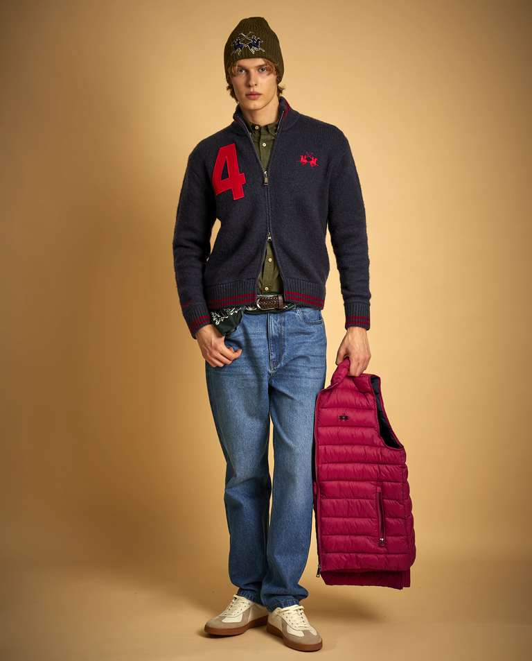 Granatowy sweter rozpinany z naszywkami - Image #4
