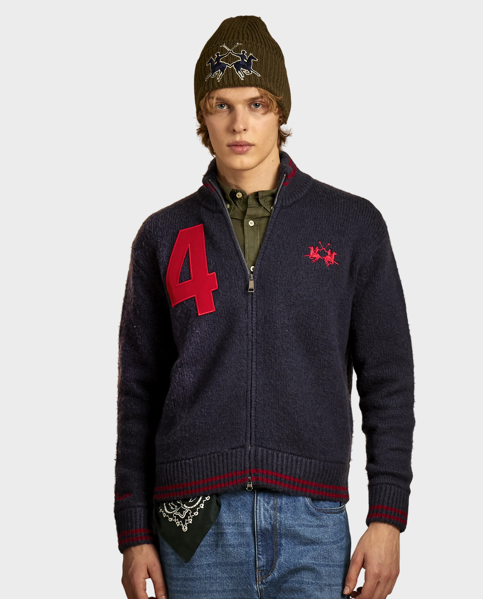 Granatowy sweter rozpinany z naszywkami - Image #1