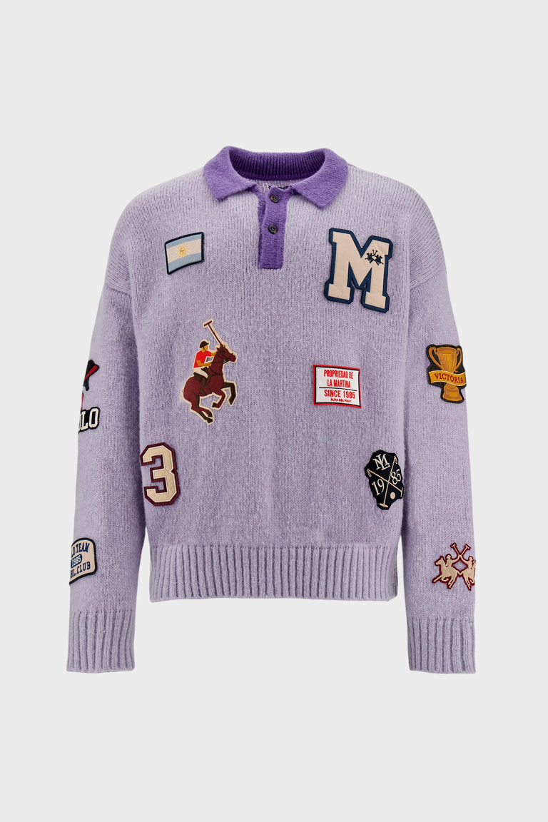 Fioletowy sweter polo z naszywkami