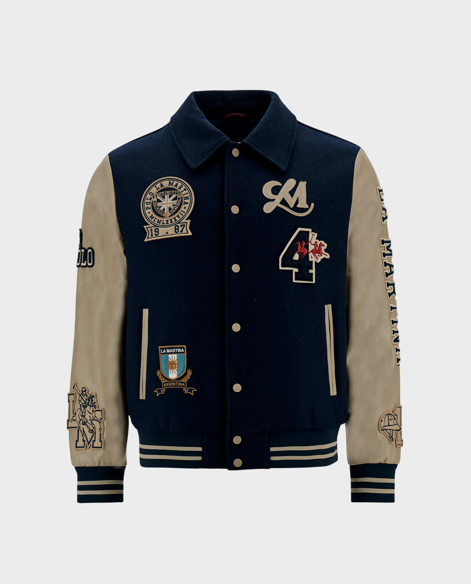 Granatowa kurtka typu bomber z naszywkami - Image #0