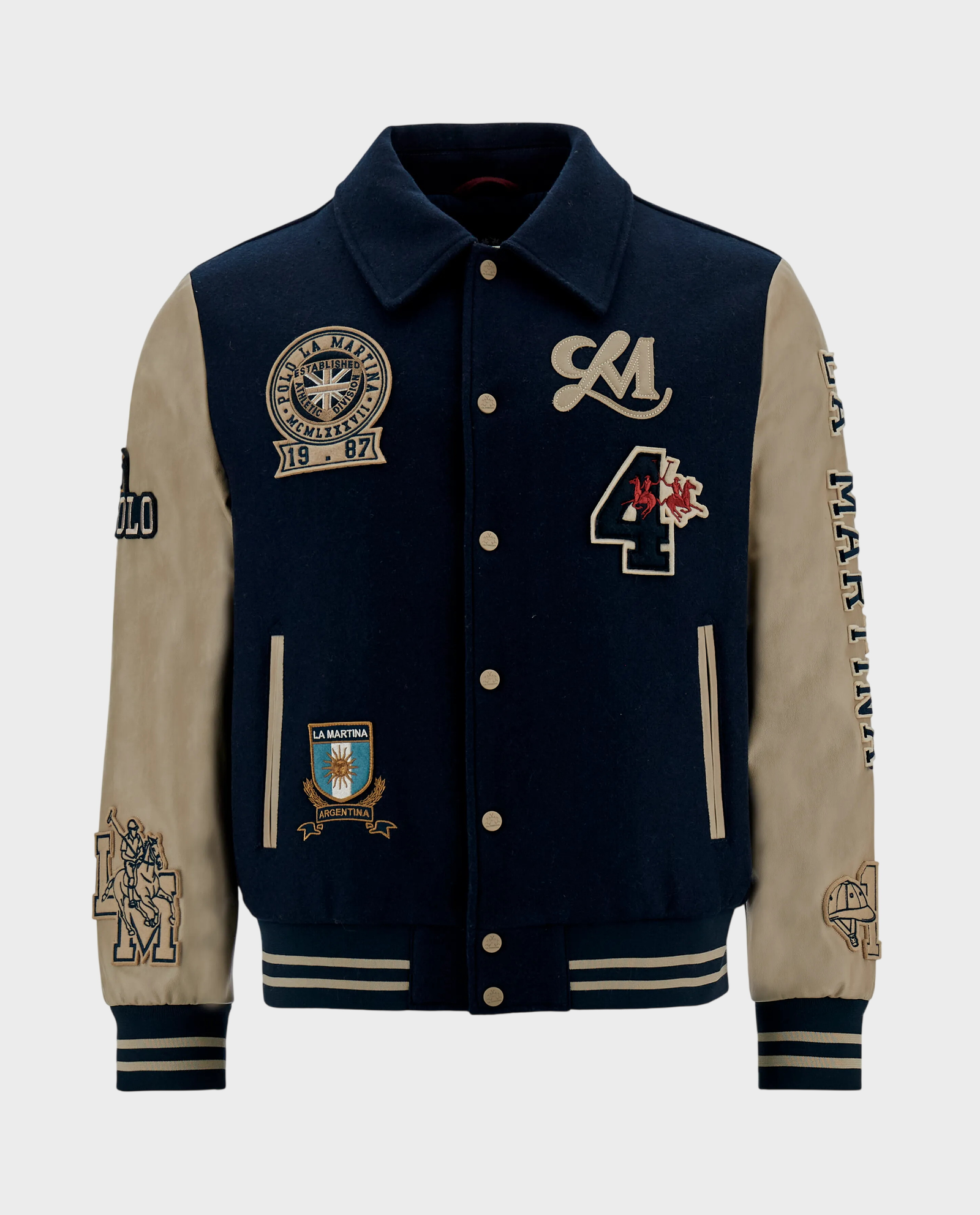 Granatowa kurtka typu bomber z naszywkami - Image #0
