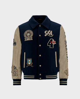 Granatowa kurtka typu bomber z naszywkami - Image #0