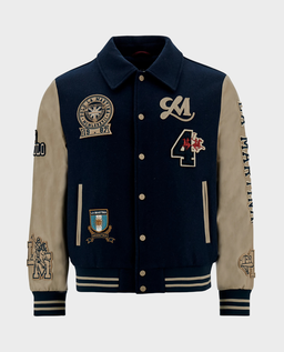 Granatowa kurtka typu bomber z naszywkami - Image #0