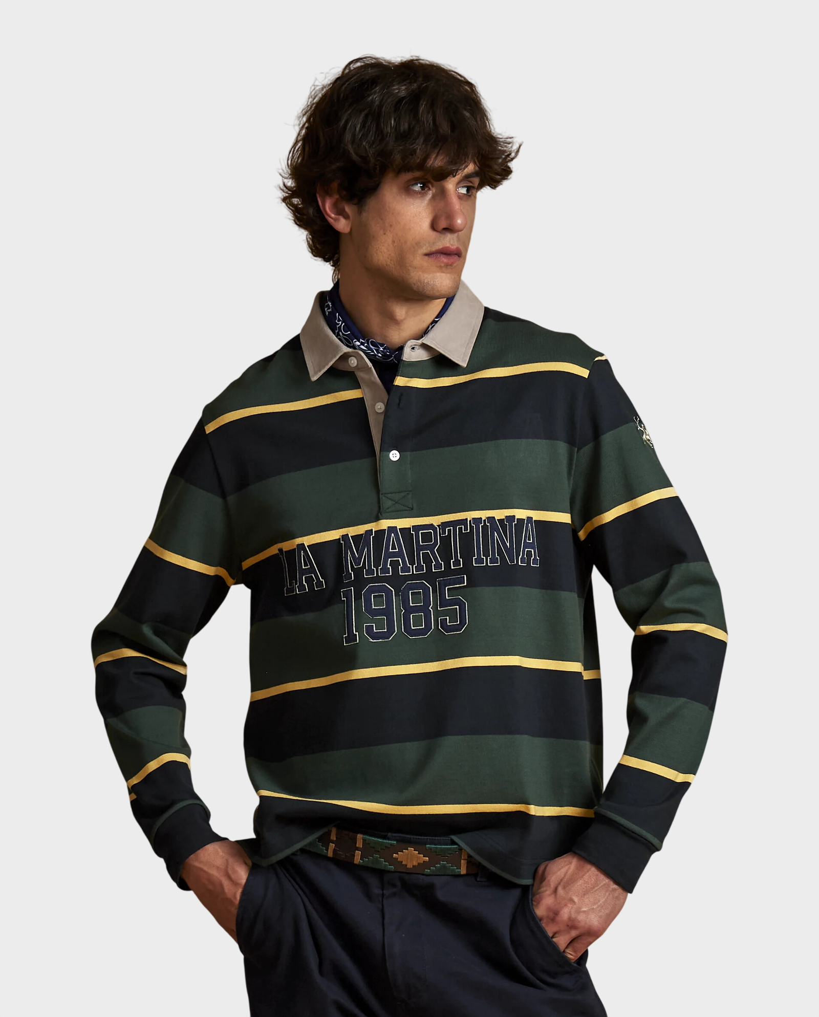 Zielona koszulka polo w paski z długim rękawem - Image #1