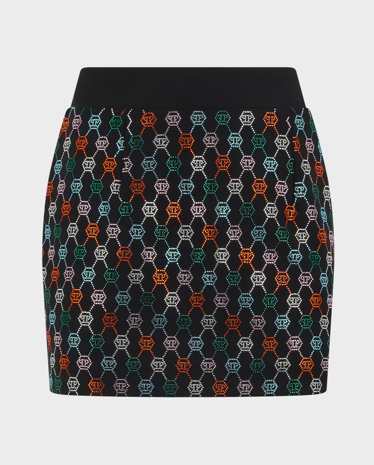 Czarna spódniczka mini z kolorowym monogramem Strass