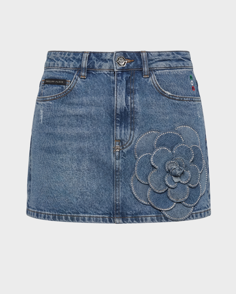 Jeansowa mini spódniczka z różą