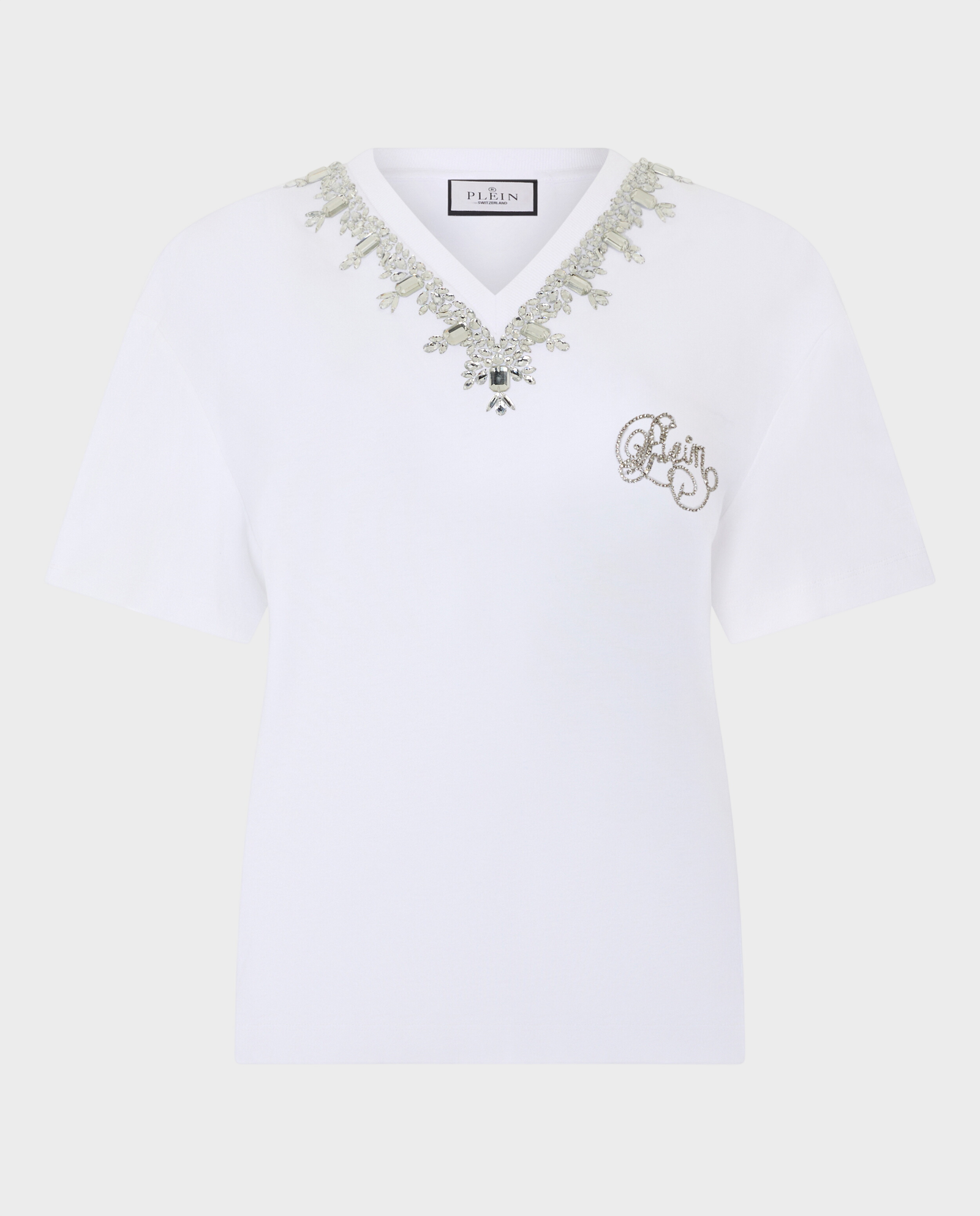 Biały t-shirt ozdobiony kryształkami - Image #0