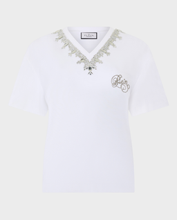 Biały t-shirt ozdobiony kryształkami - Image #0