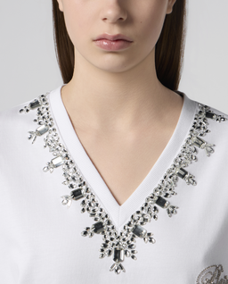 Biały t-shirt ozdobiony kryształkami - Image #4