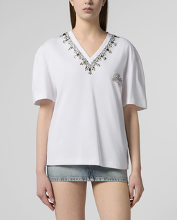 Biały t-shirt ozdobiony kryształkami - Image #1