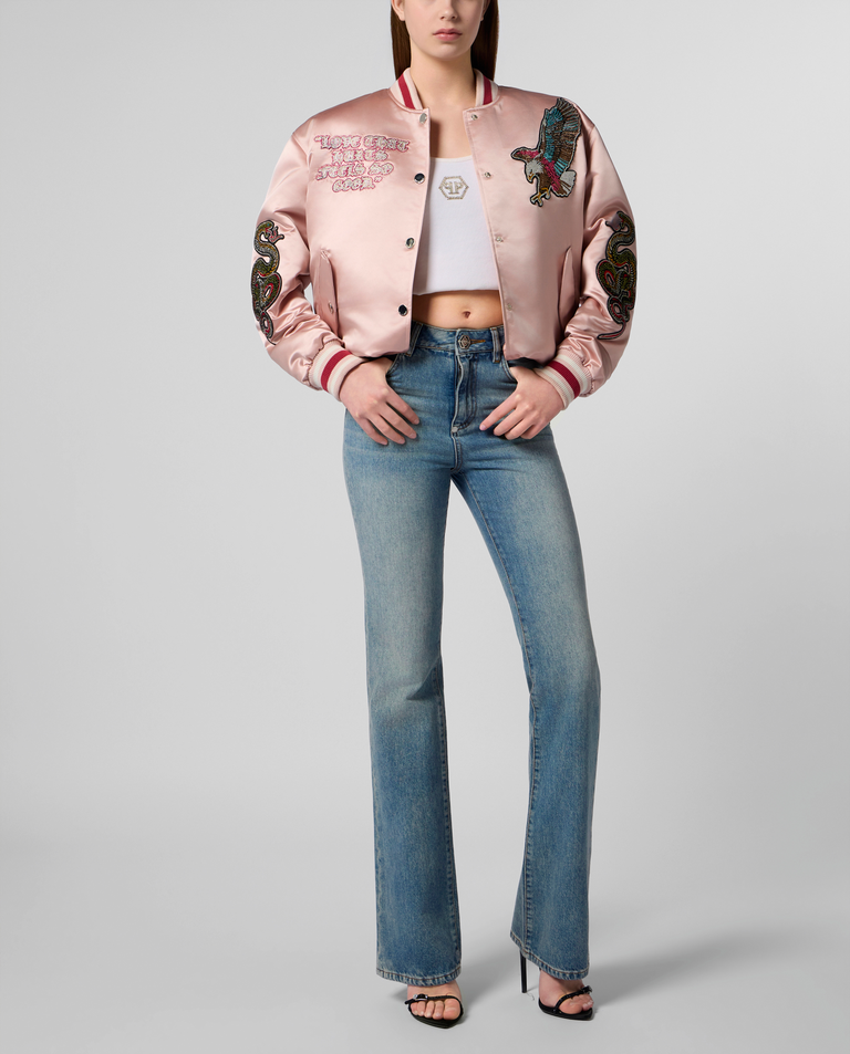 Różowa kurtka bomber z naszywkami Strass - Image #3