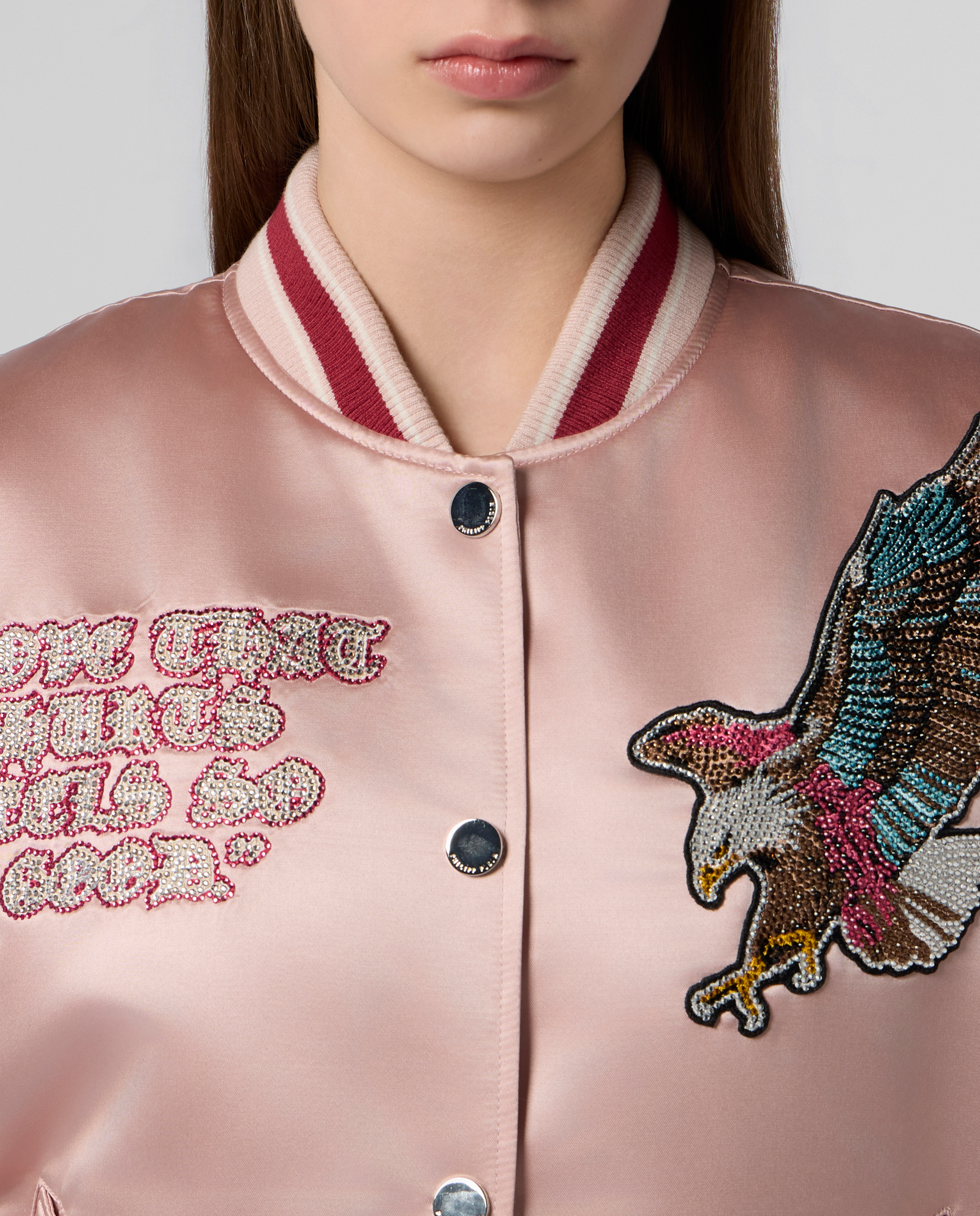 Różowa kurtka bomber z naszywkami Strass - Image #4