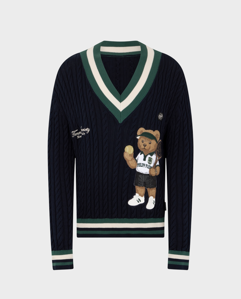 Granatowy sweter z dekoltem w serek Tennis