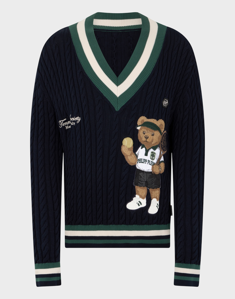 Granatowy sweter z dekoltem w serek Tennis
